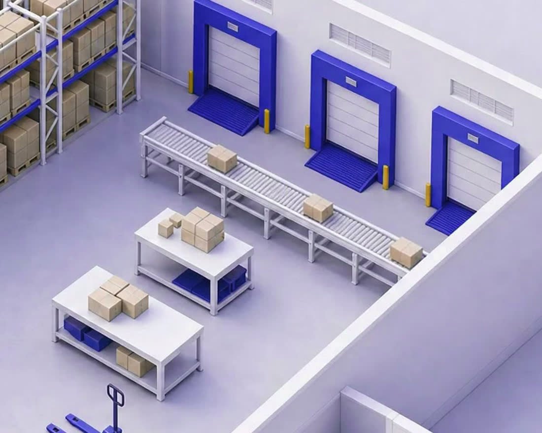 Packing station with cartons ready to ship
