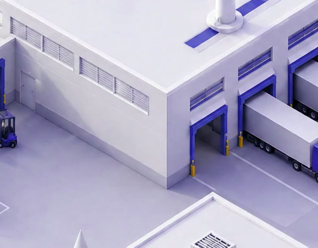 Delivery trucks loading at a fulfillment centre dock